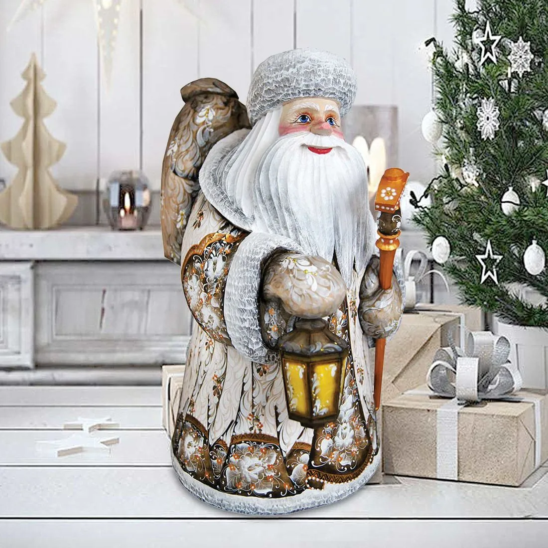 Ornamental Old-world Santa Holding a Lantern Hand-Painted WOODCARVED Figurine by G. DeBrekht - Christmas Décor - 820105